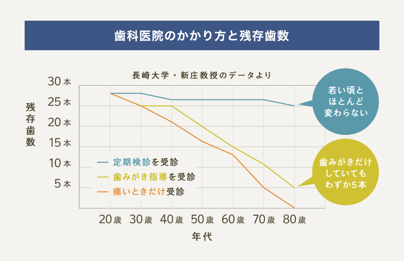 年代別 歯科医院のかかり方と残存歯数